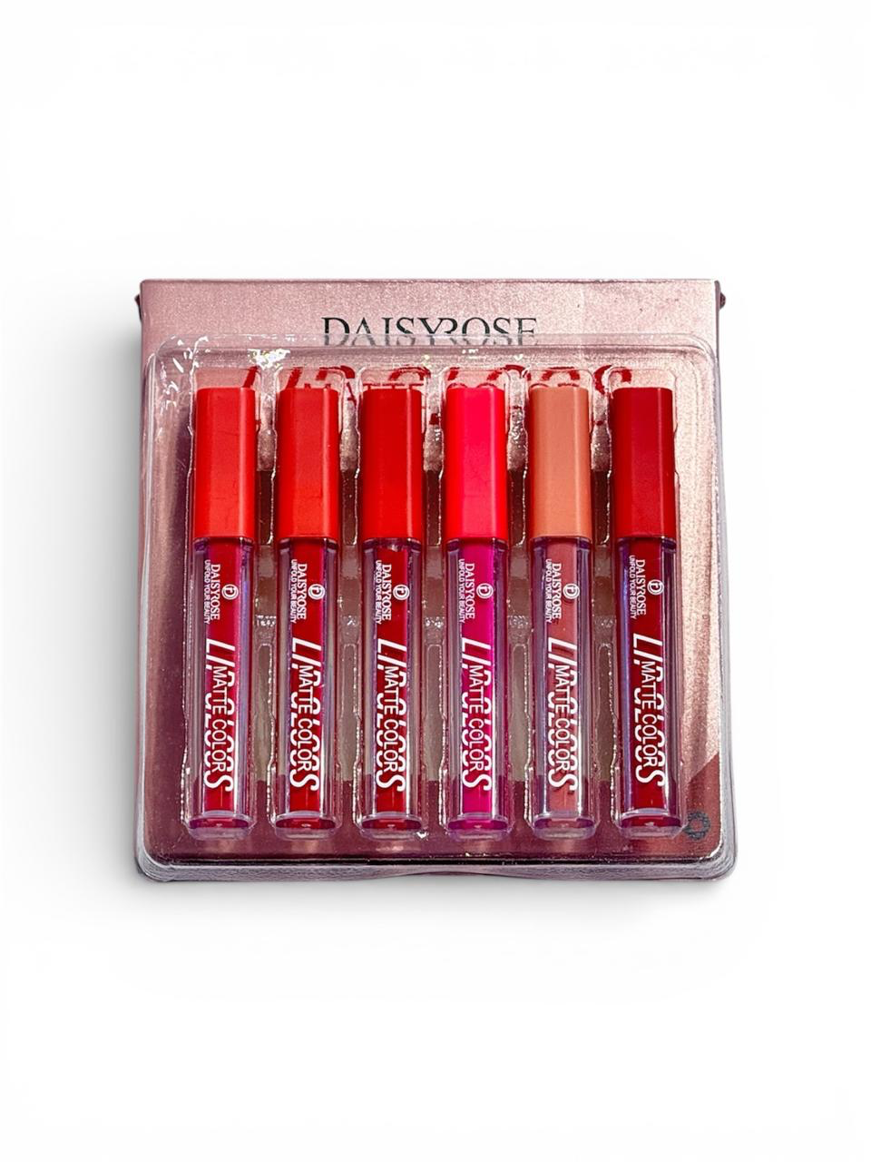 Juego de seis tubos de brillo labial de colores en un recipiente de plástico transparente.