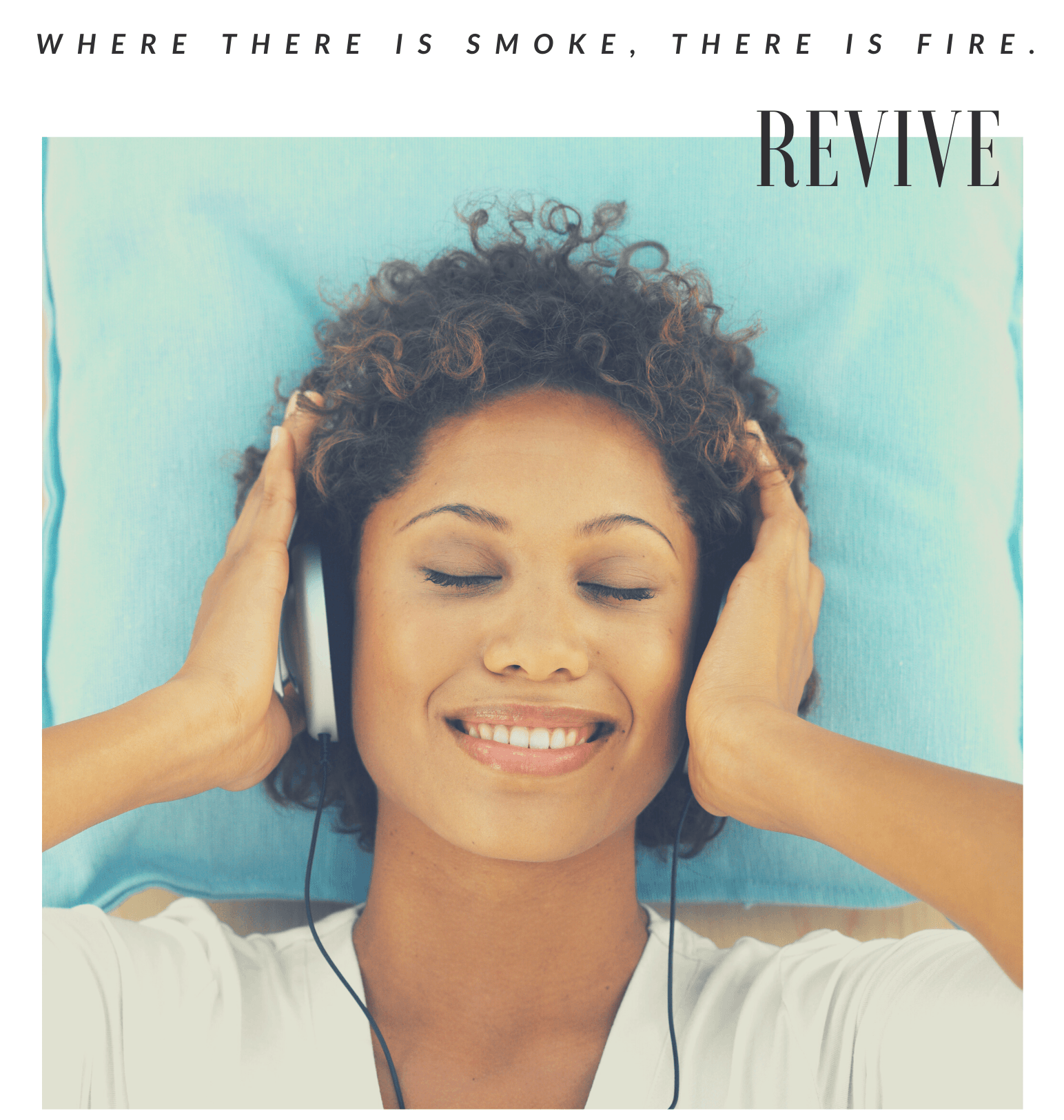 A woman wearing headphones laying on a bed with the words 