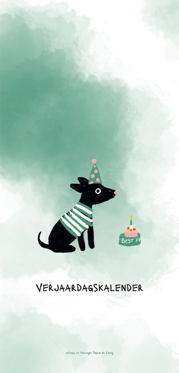 Voorkant verjaardagskalender met zwart hondje en feestmuts