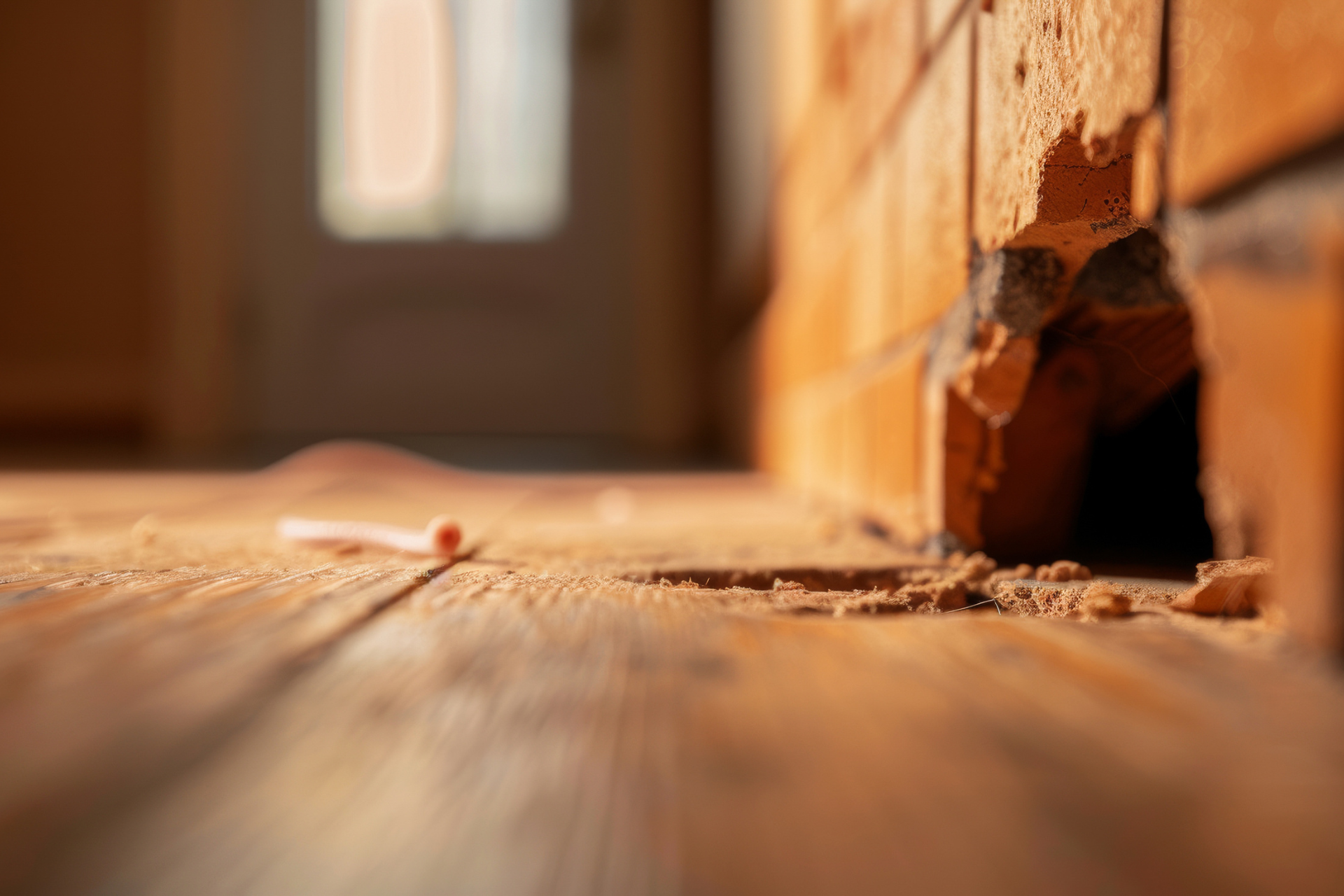 A close up of a hole in a wooden wall.