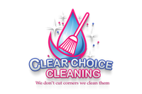 Logo for Clear Choice Cleaning: A blue water drop with a broom inside, sparkling effects.