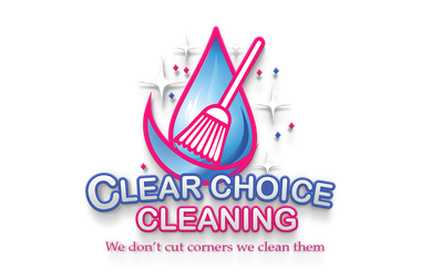 Logo for Clear Choice Cleaning: A blue water drop with a broom inside, sparkling effects.