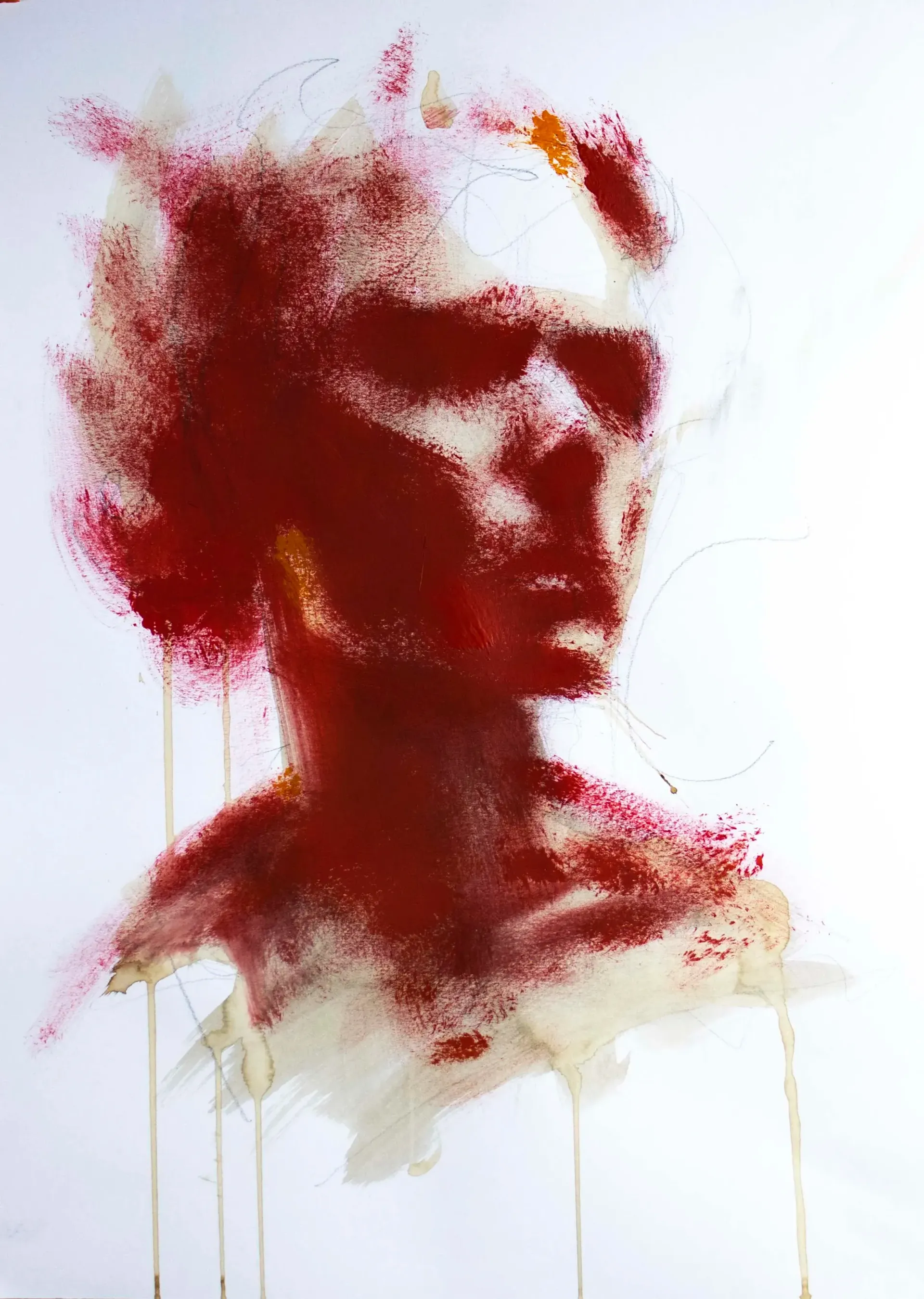 A portrait in red, textured ink or spray paint, featuring blurred, dramatic features and thin vertical drips of paint.