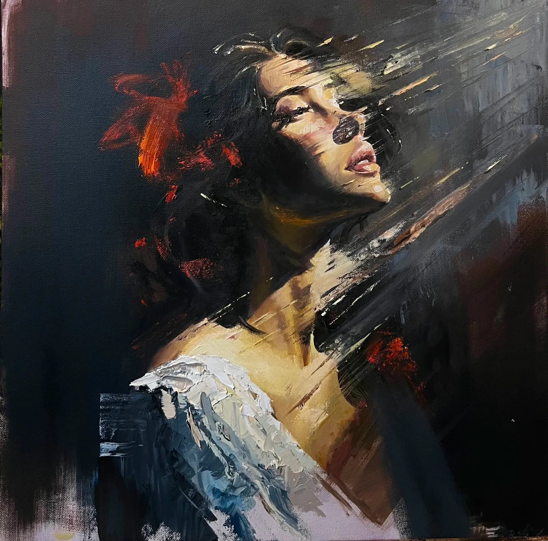 An oil painting features a person looking upward, their face partially dissolving into abstract, streaked brushstrokes.