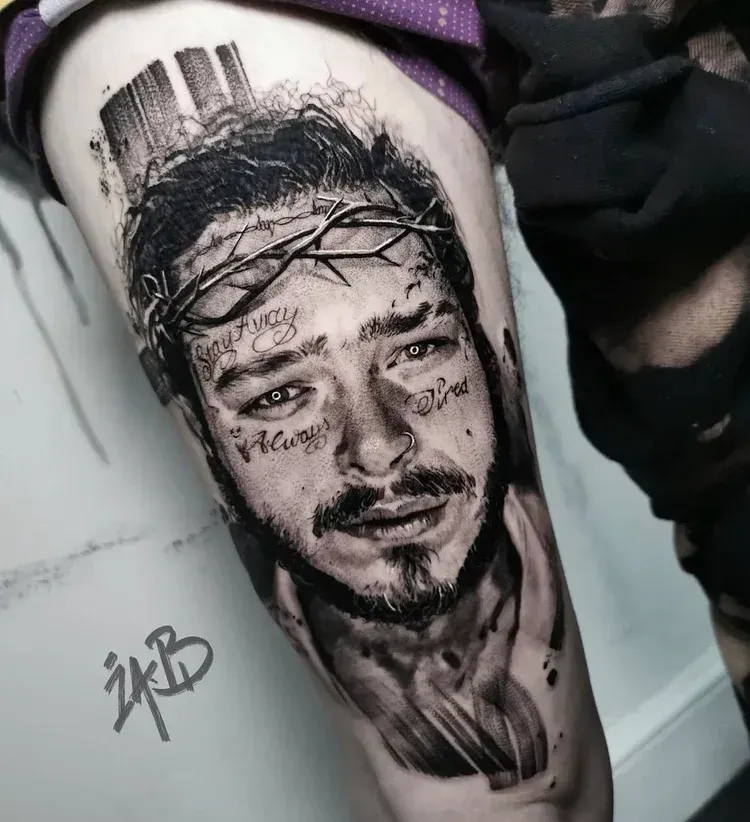 Black-and-white tattoo of Post Malone wearing a crown of thorns on an arm, with a signature logo visible below.