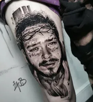 A realistic black-and-grey tattoo of Post Malone wearing a crown of thorns, with his signature face tattoos visible.