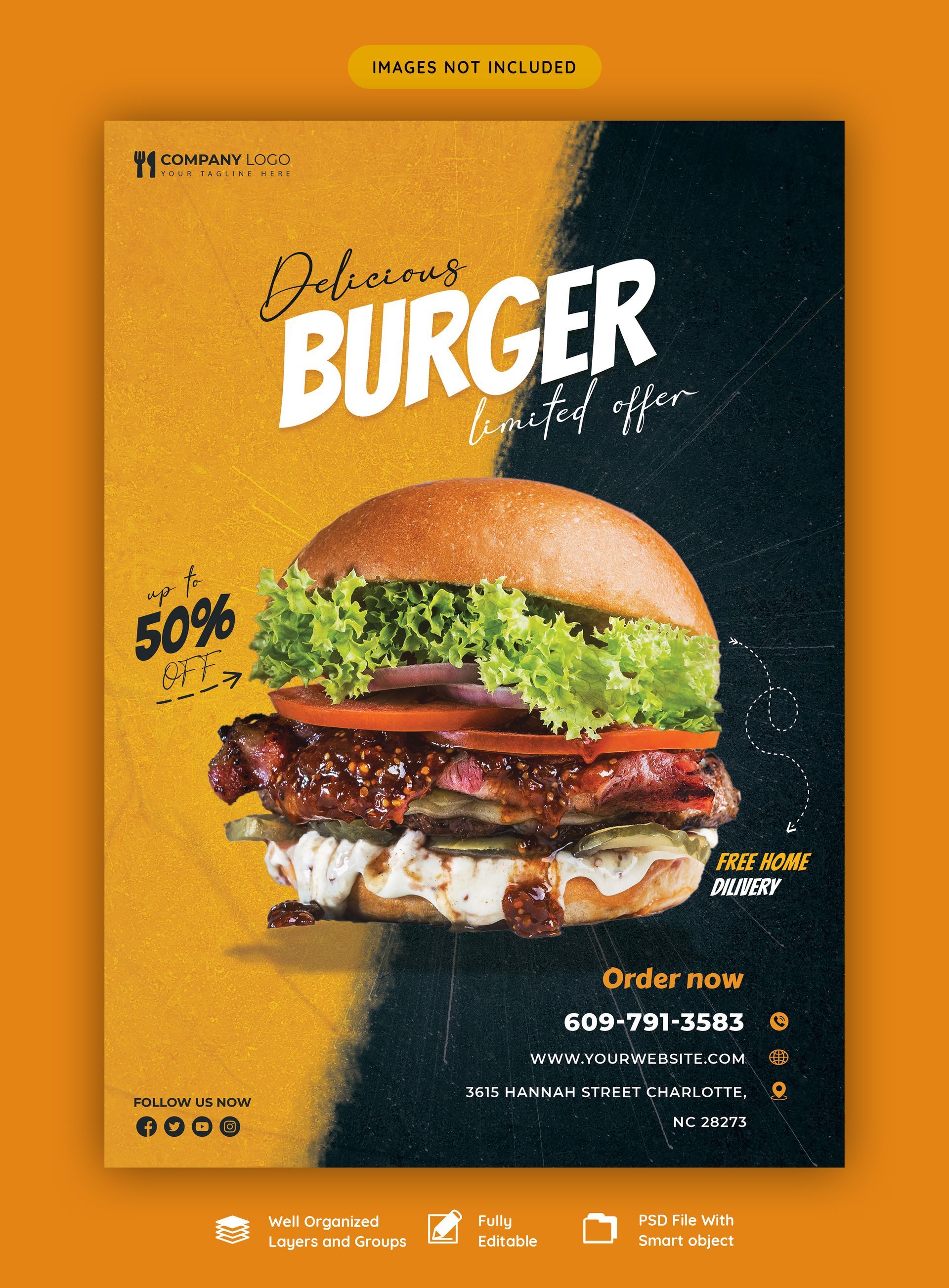 Cartel de una hamburguesería con una hamburguesa apilada sobre un fondo naranja y negro, que muestra un 50% de descuento