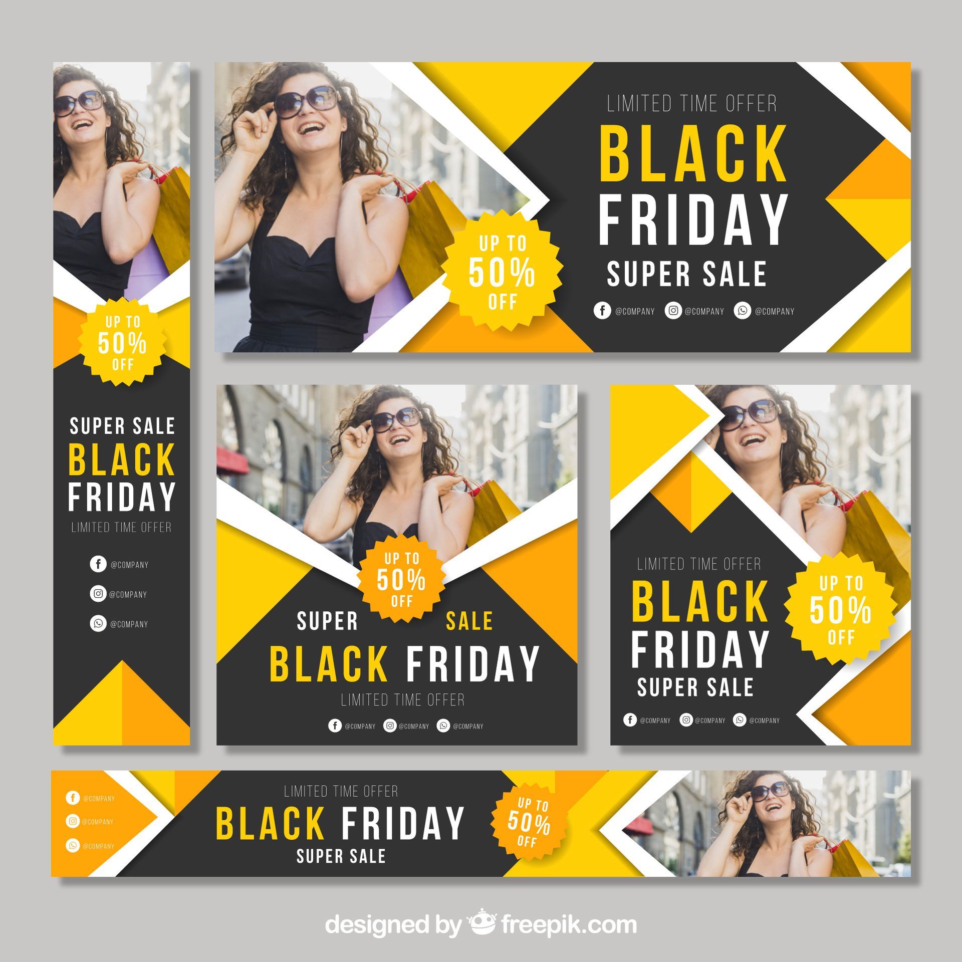 Conjunto de banners de rebajas del Black Friday en negro, blanco y amarillo con insignias de descuento y fotos de modelos.