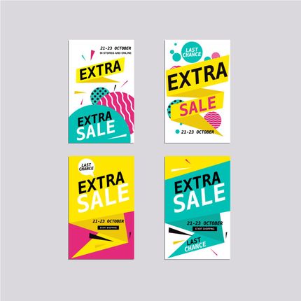Cuatro coloridos carteles de rebajas con el texto en negrita “REBAJAS EXTRA” 