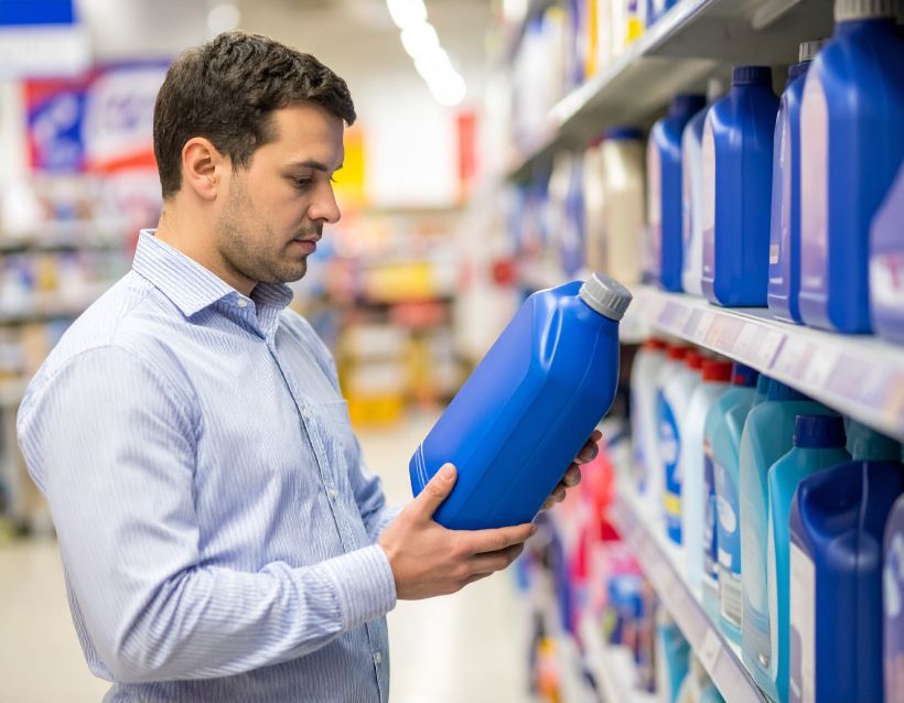 Man in a light blue shirt examines a blue container of fluid in a store aisle with shelves of similar products.