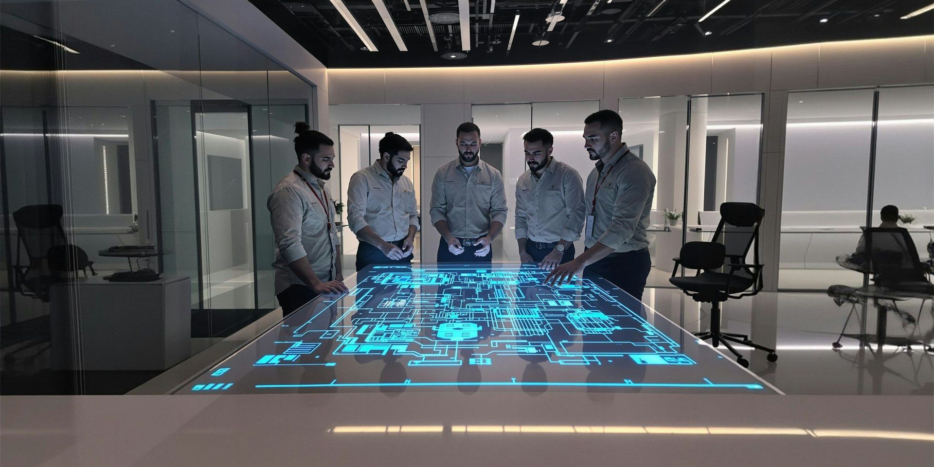 Team of professionals analyzing a digital blueprint on an interactive touchscreen table in a modern office setting.