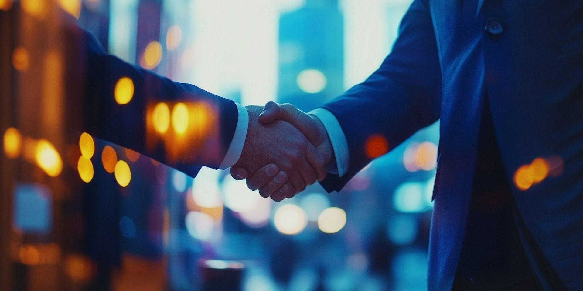 Business handshake in city, symbolizing trust and partnership.