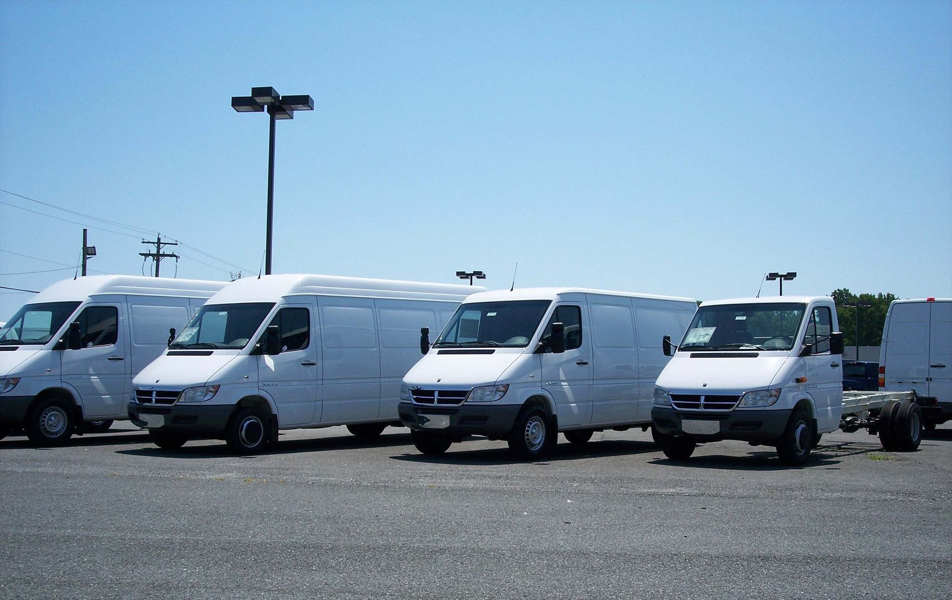 A row of white vans are parked in a parking lot