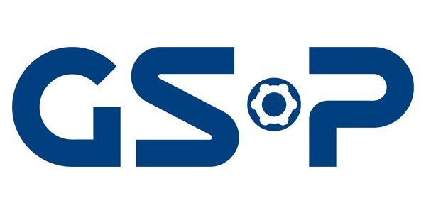 The gsp logo is blue and white and has a circle in the middle.