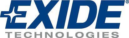 The logo for exide technologies is blue and white.