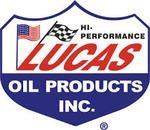 The logo for lucas oil products inc. is a shield with a flag on it.