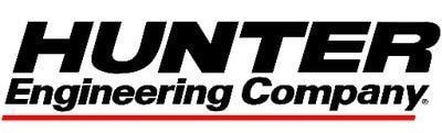 The logo for hunter engineering company is black and red.