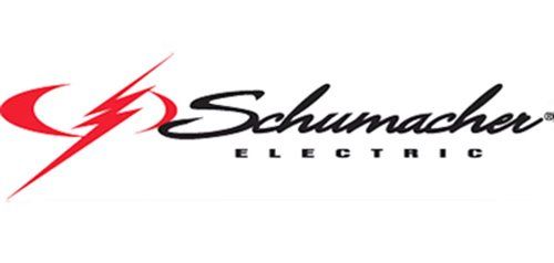 The logo for schumacher electric is black and red with a lightning bolt.