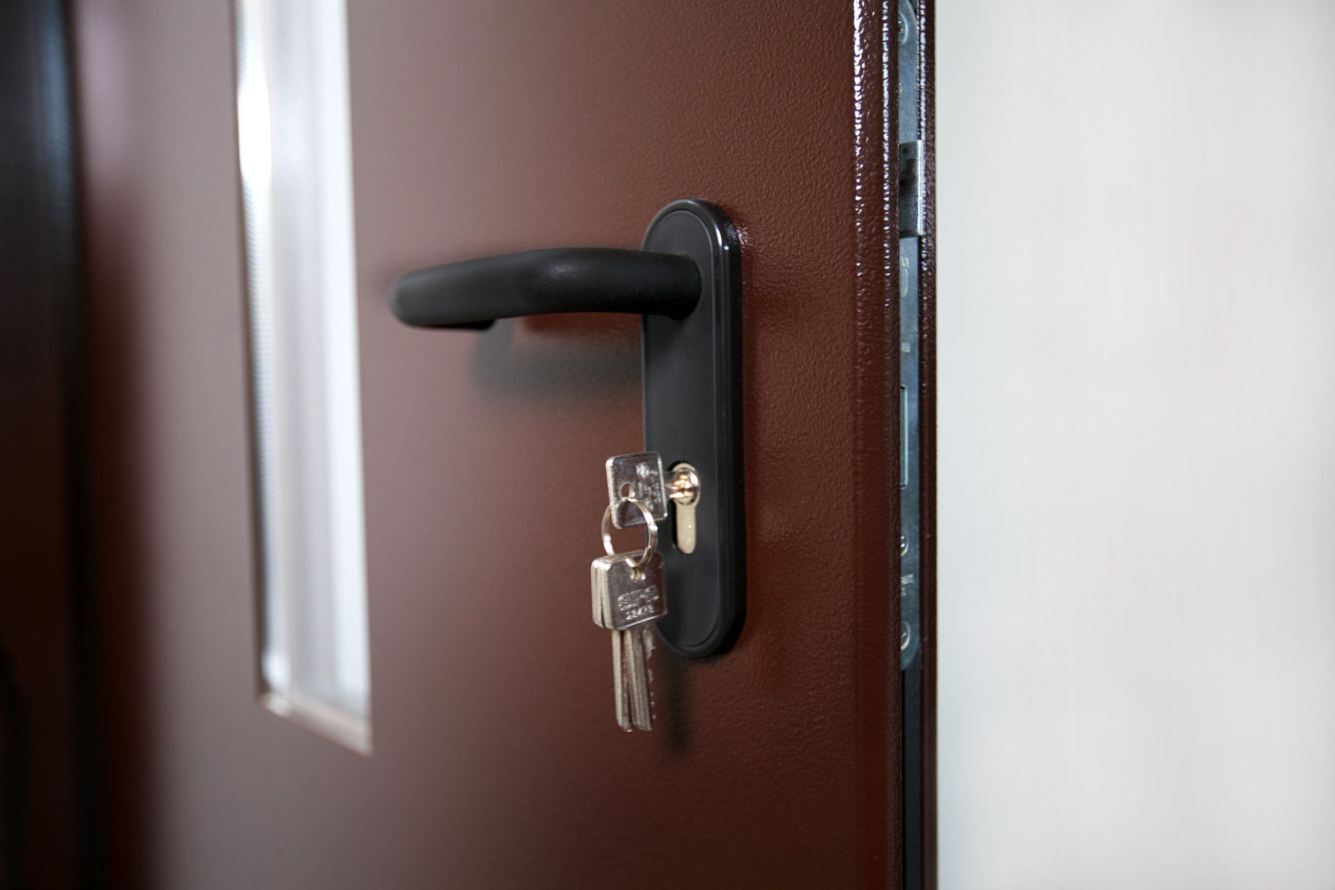 Teknisk_information_DSA_3_Ståldörr_brandörr_slät_lackerad_brun_närbild_lås_trycke_handtag