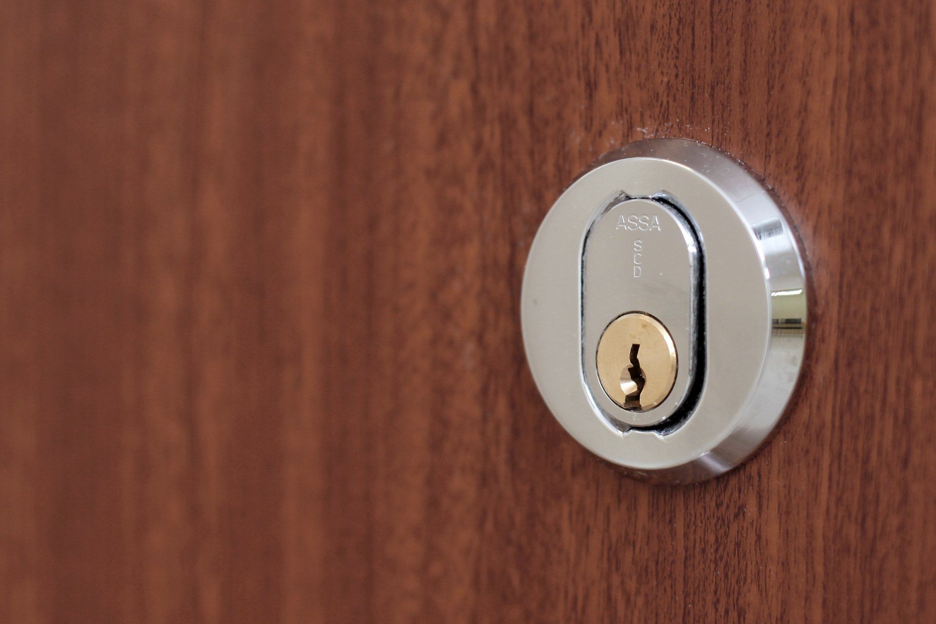 Teknisk_information_LSC_lägenhetsdörr_säkerhetsdörr_standard_med_mahogny_laminat_närbild_produktbild_utsida_huvudlås_med_cylinderJPG