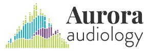 A logo for aurora audiology with a mountain in the background.