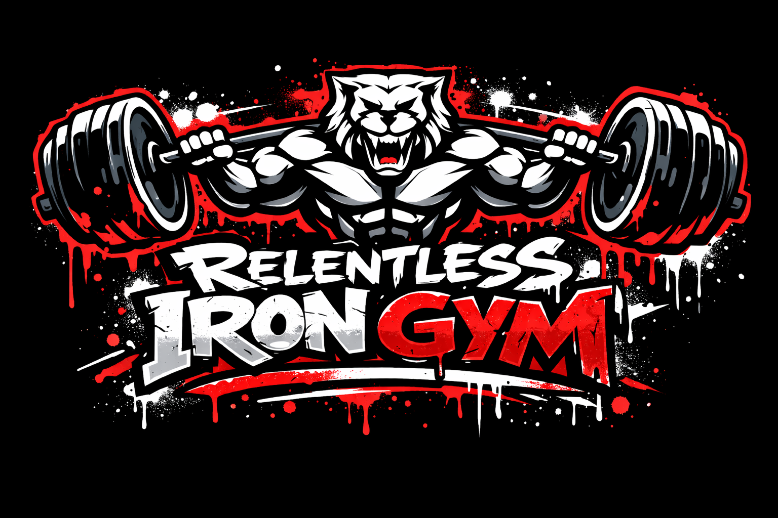 Red muscular lifter holding a barbell above the bold text &ldquo;RELENTLESS IRON&rdquo;