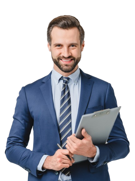 A man in a suit and tie is holding a clipboard and a pen.