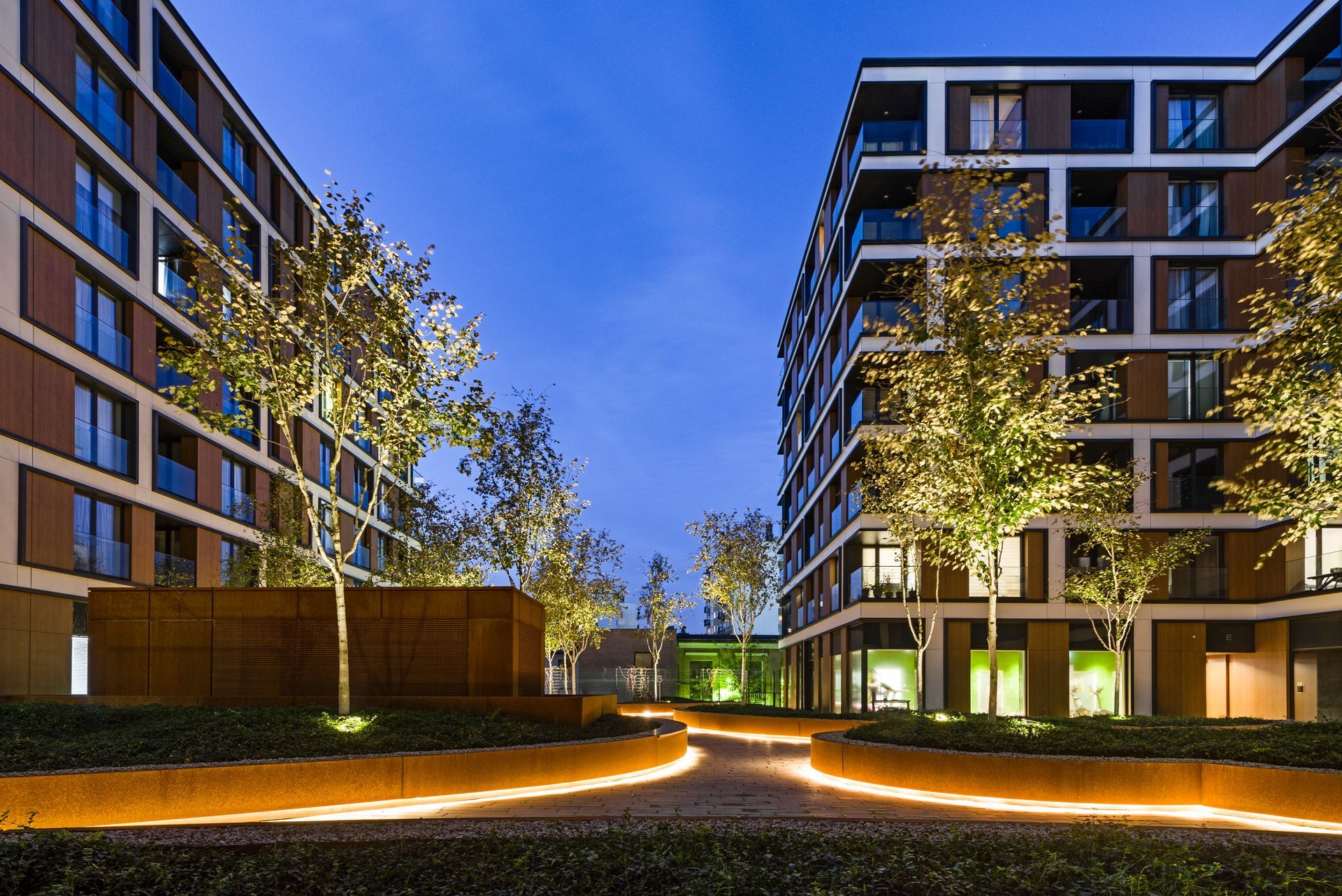 A row of buildings with trees in front of them at night.