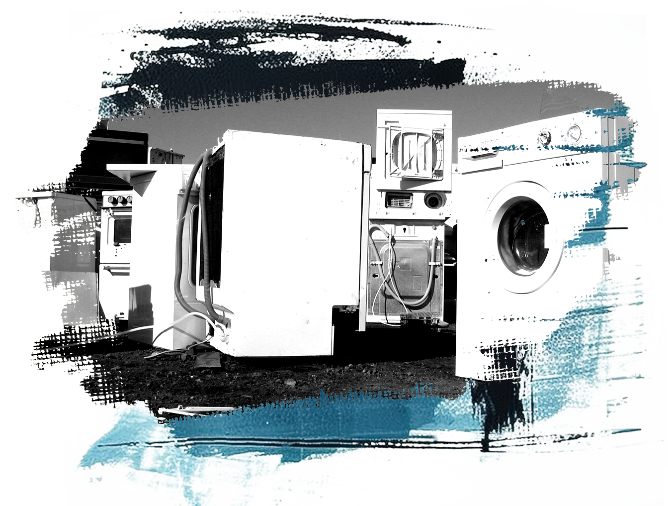 A black and white drawing of a refrigerator , washing machine , and microwave.
