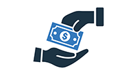 Hands exchanging a blue dollar bill.