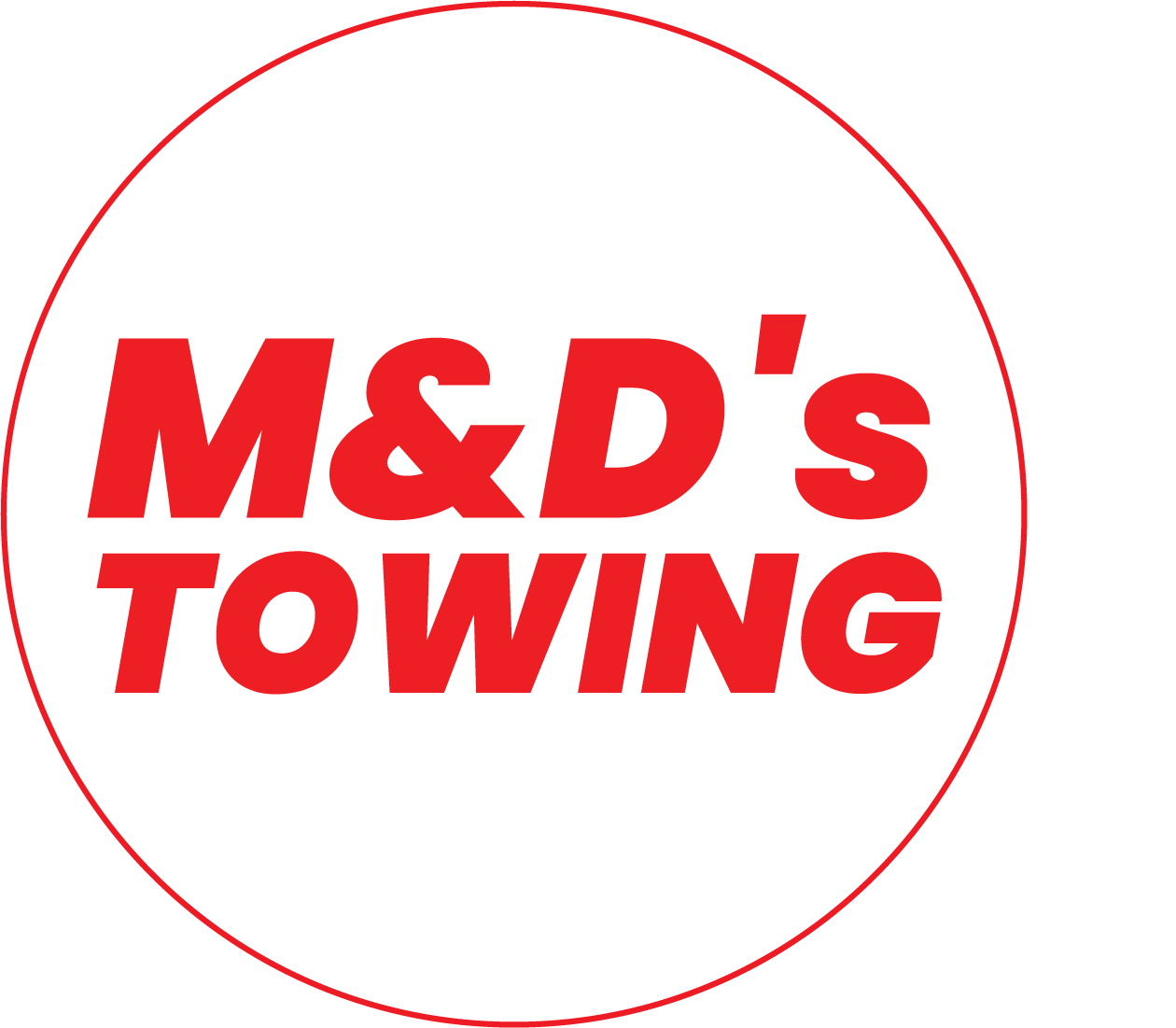Red text "M&D's TOWING" in a red circle on a white background.