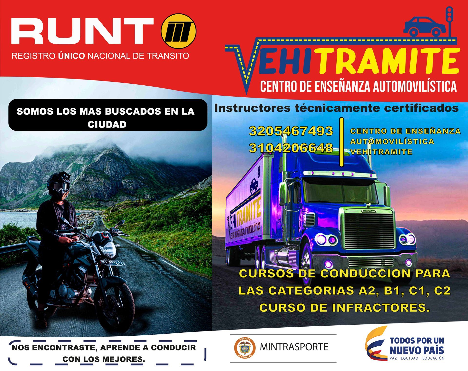 Anuncio de una escuela de manejo, con una motocicleta y un camión, el horizonte de la ciudad e información de contacto.