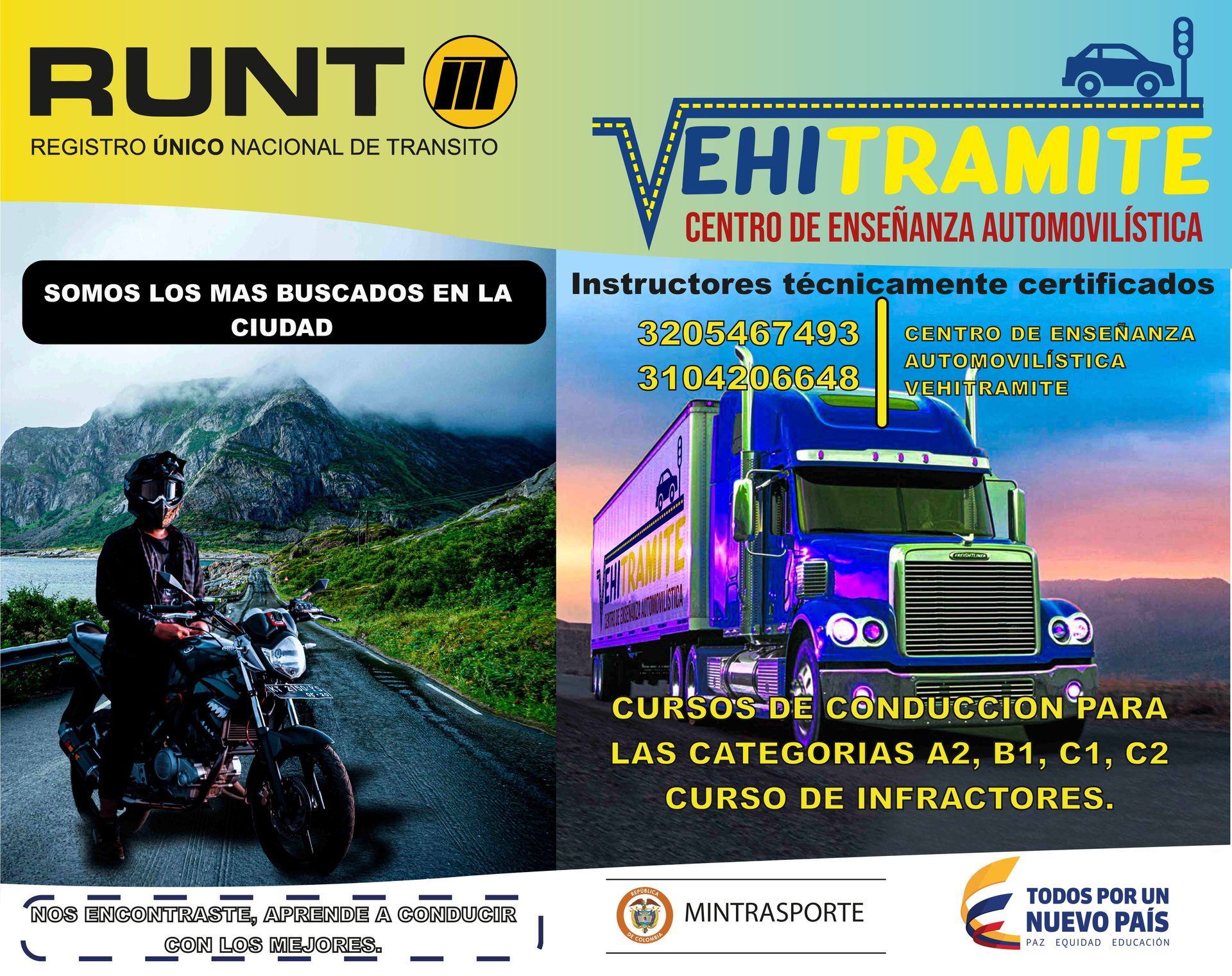 Anuncio de la escuela de conducción "VEHITRAMITE", que ofrece cursos de conducción. Presenta una motocicleta, un camión y texto sobre un fondo degradado.