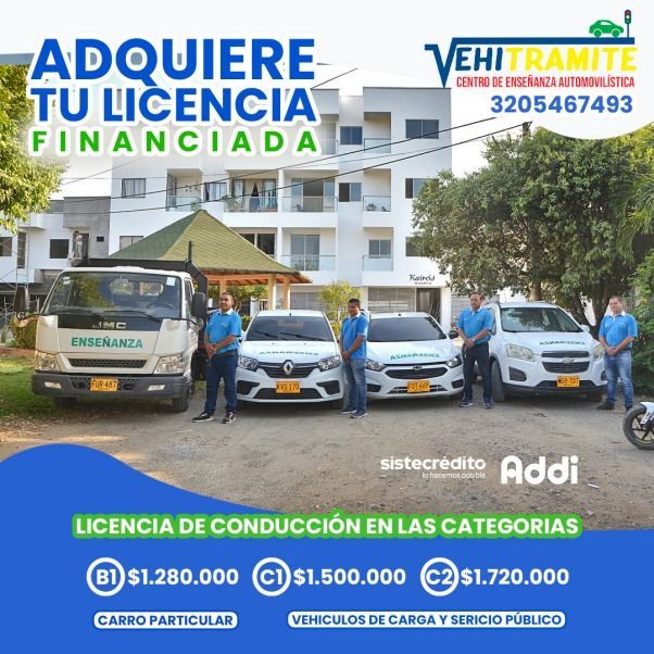 Anuncio de licencias de conducir. Autos, personas y detalles de precios. Logotipo y número de teléfono de "VehiTramite".