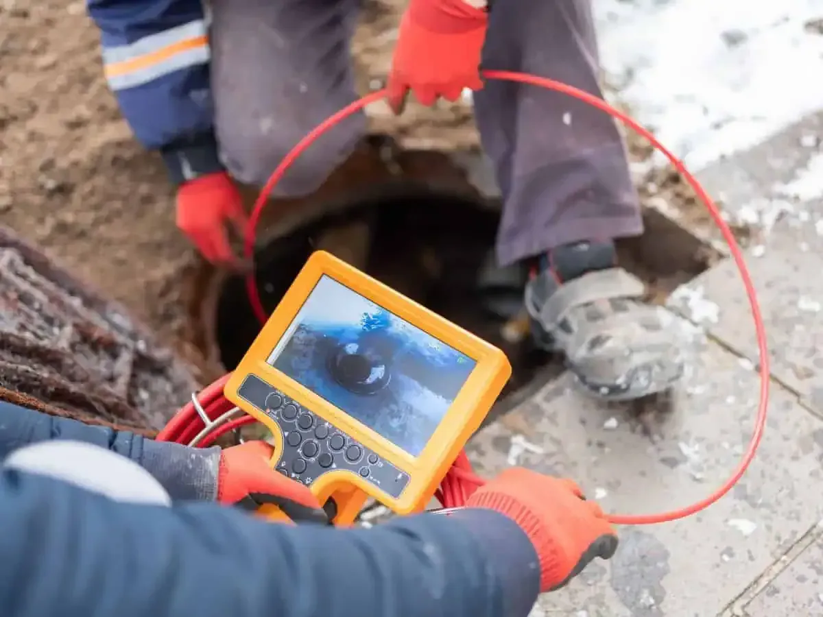 Worker using a handheld inspection camera to view a dark hole in the ground