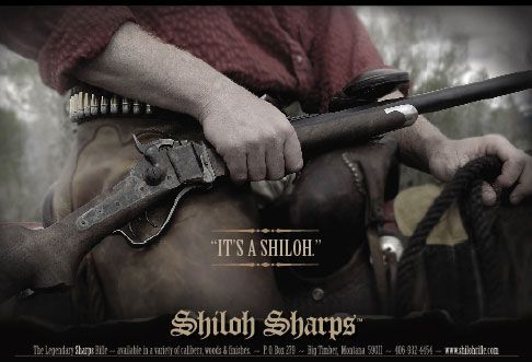 Man holding a Shiloh Sharps rifle. Text: "It's A Shiloh" and "Shiloh Sharps".