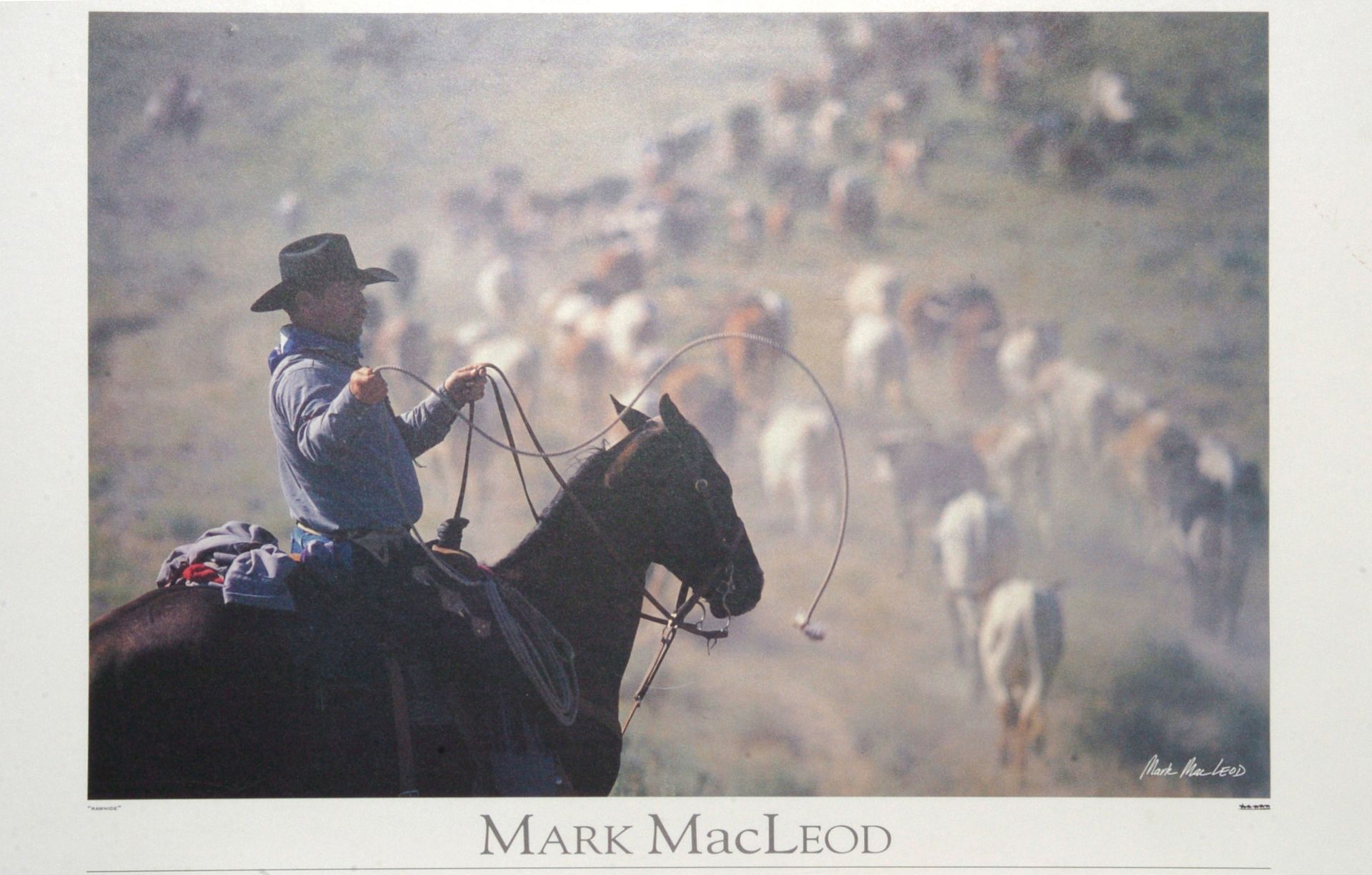 Cowboy on horseback herding cattle through dusty field.