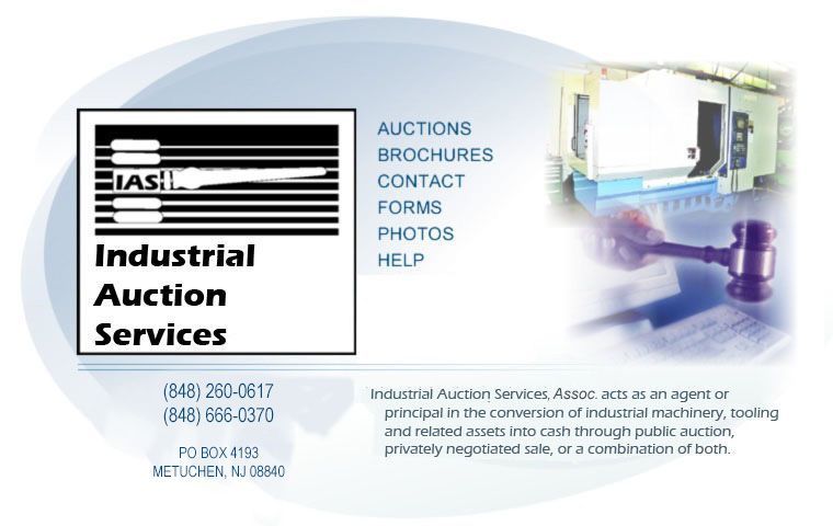 Logo for Industrial Auction Services with contact information and a gavel.