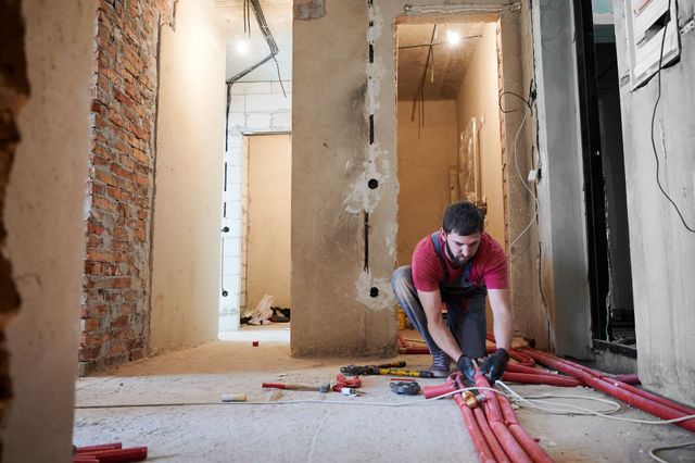 Construction worker installing red pipes in a building under renovation; interior shot.