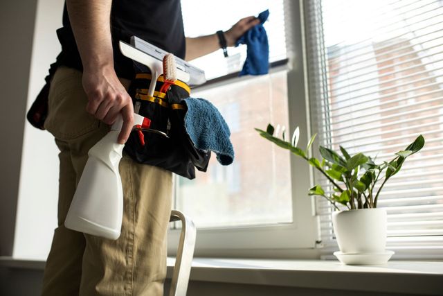 Person cleaning window with spray bottle, wiping cloth, and tool belt.