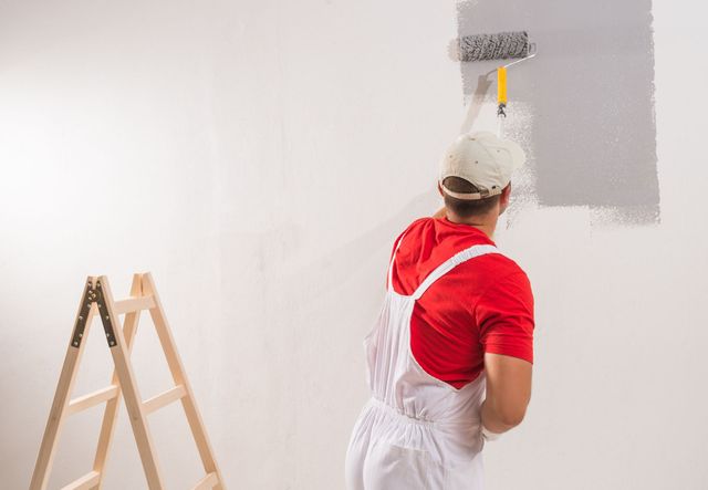 Person in paint-covered overalls painting a wall gray with a roller, wooden ladder nearby.