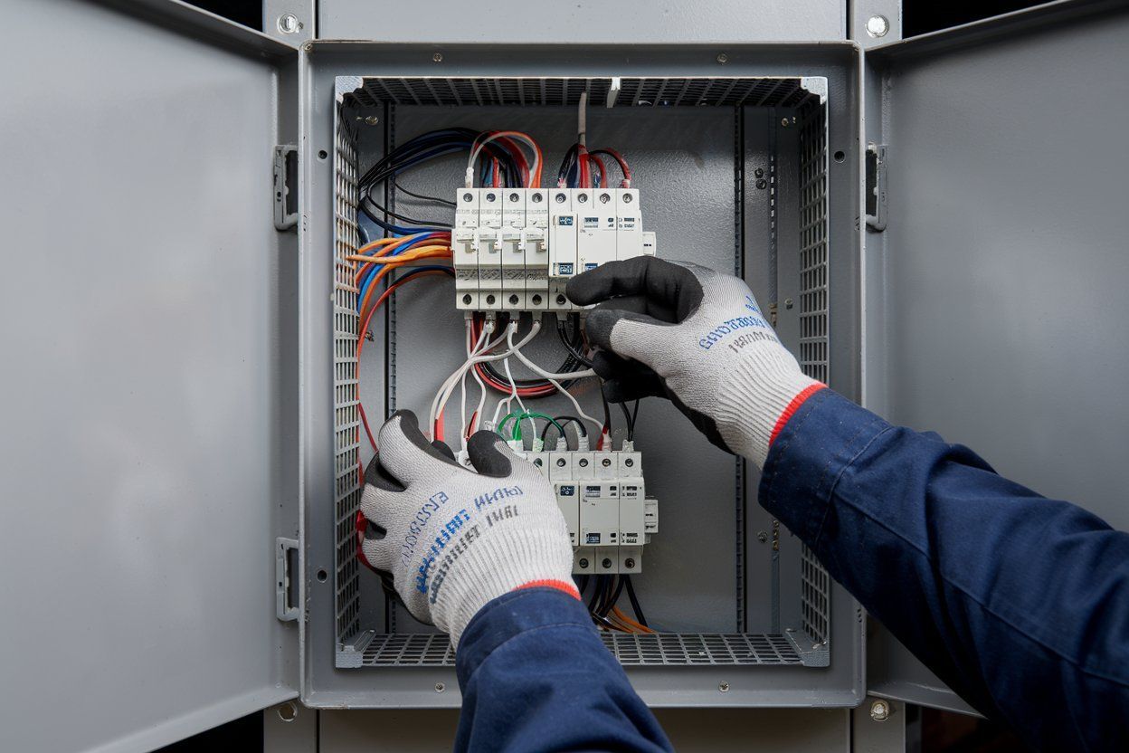 Electrician wearing gloves working on electrical panel, wiring connections.