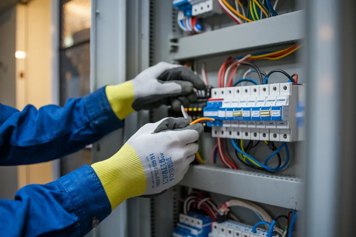 An electrician in blue overalls working on an electrical panel, wearing gloves, connecting wires.