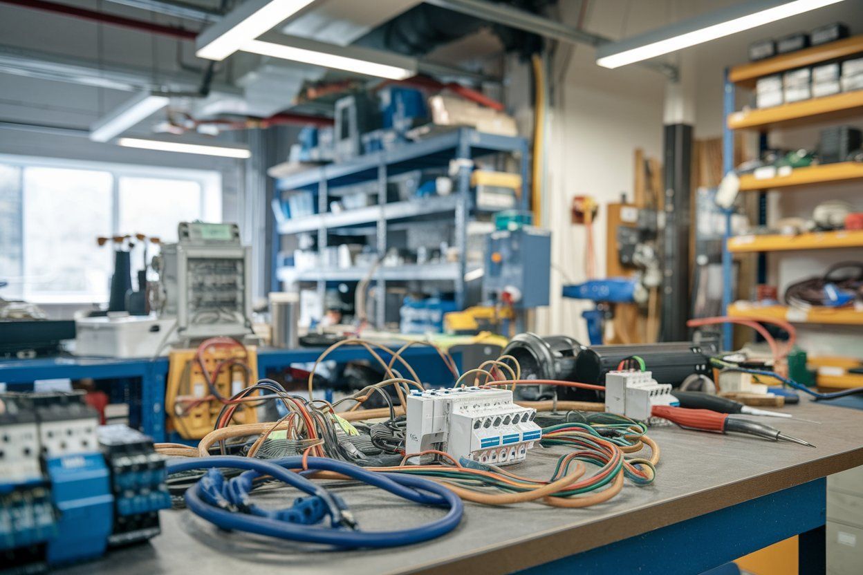 Workbench with electronic components and wires in a cluttered workshop.