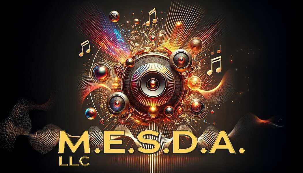A logo for mesda international llc with a speaker and music notes