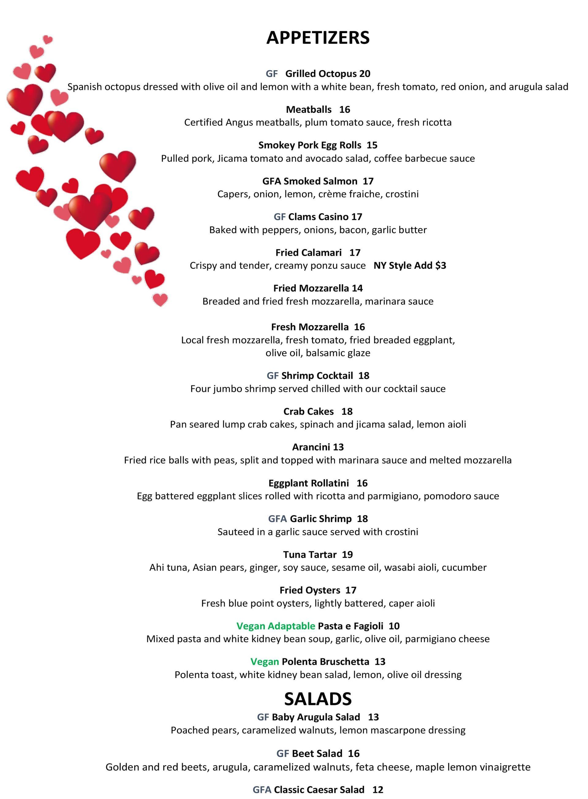 Valentine's Day menu appetizers and salads