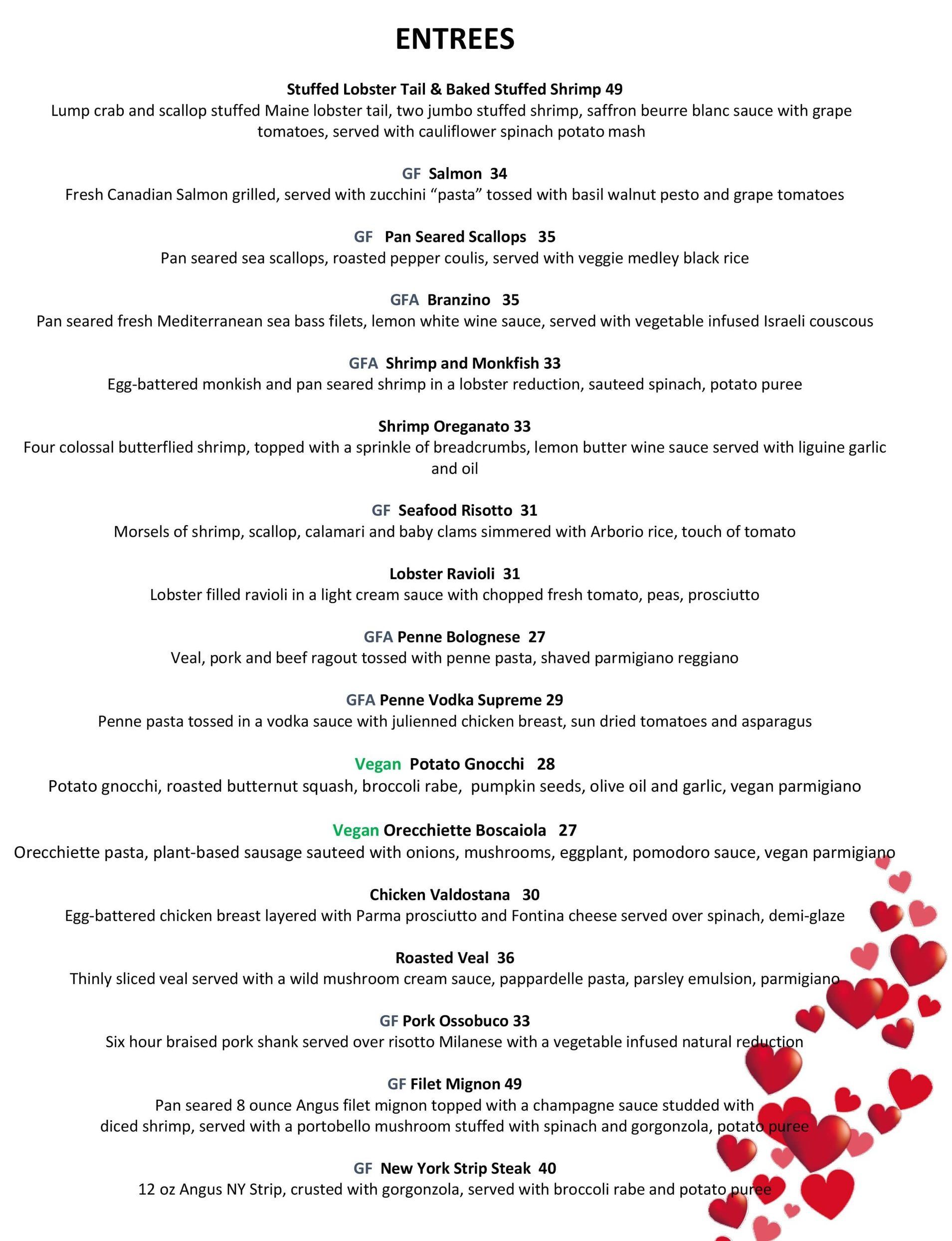 Valentine's Day menu entrees