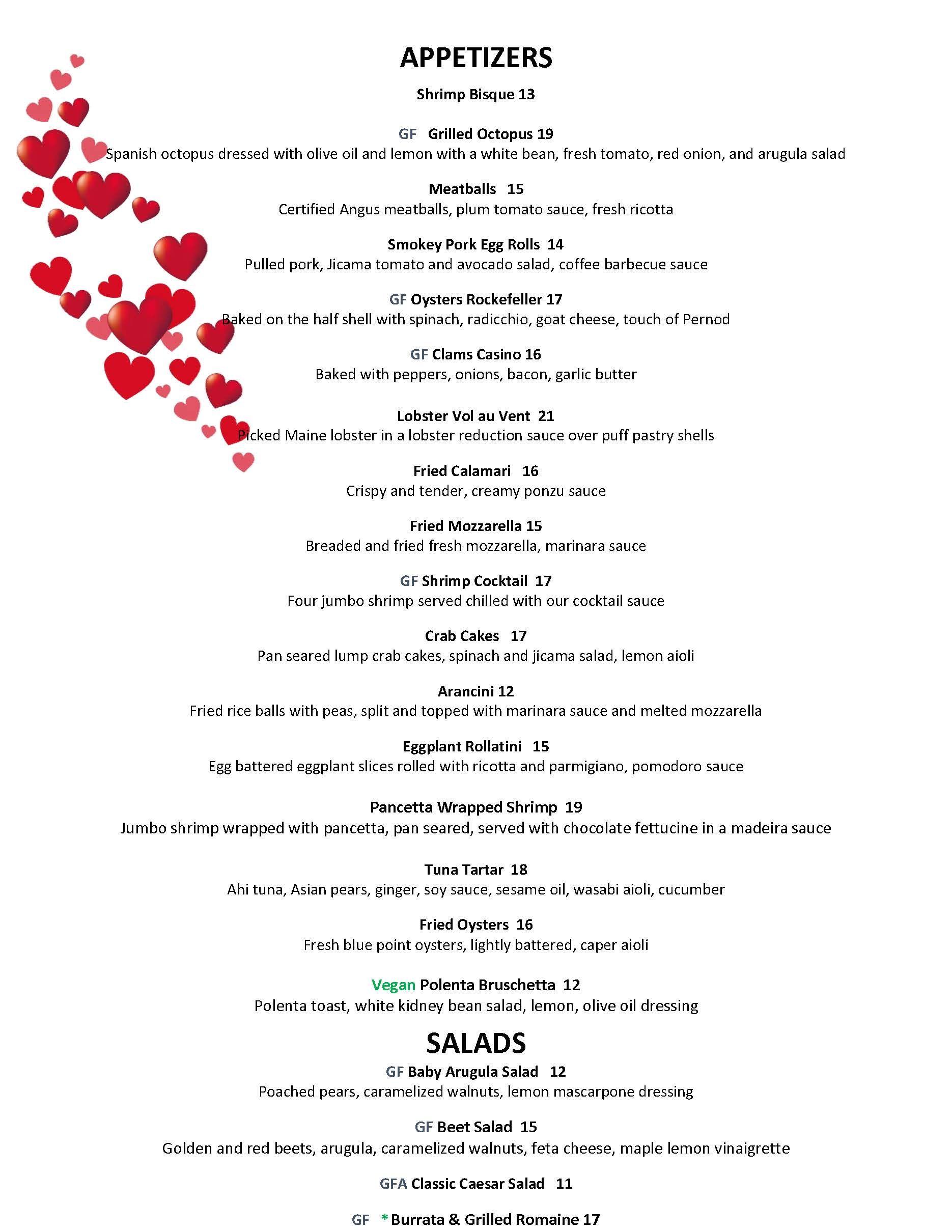 Valentine's Day menu appetizers and salads