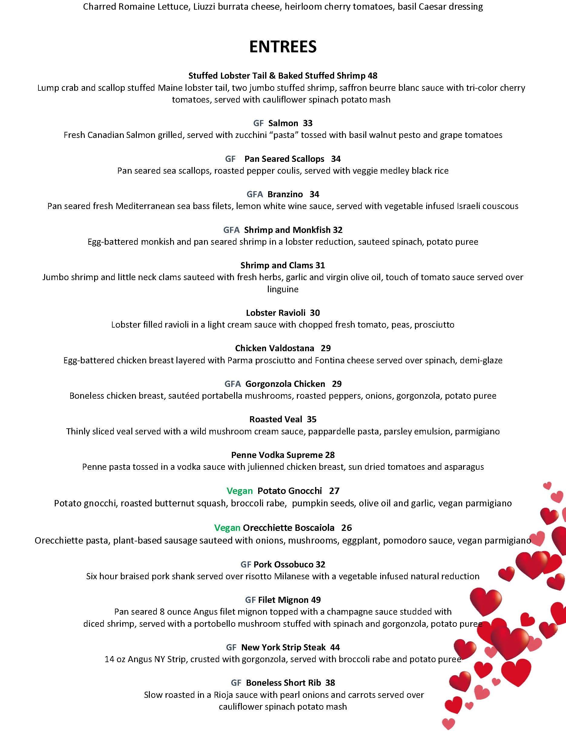 Valentine's Day menu entrees