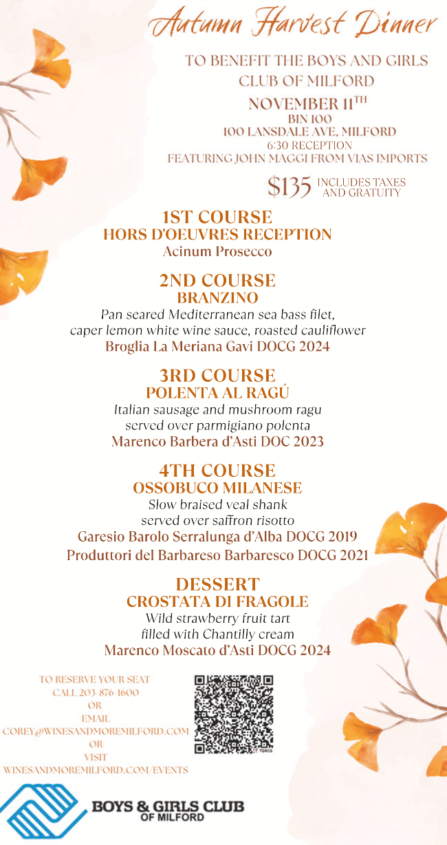 Autumn Harvest Dinner menu for Boys & Girls Club; featuring multiple courses and fall foliage.